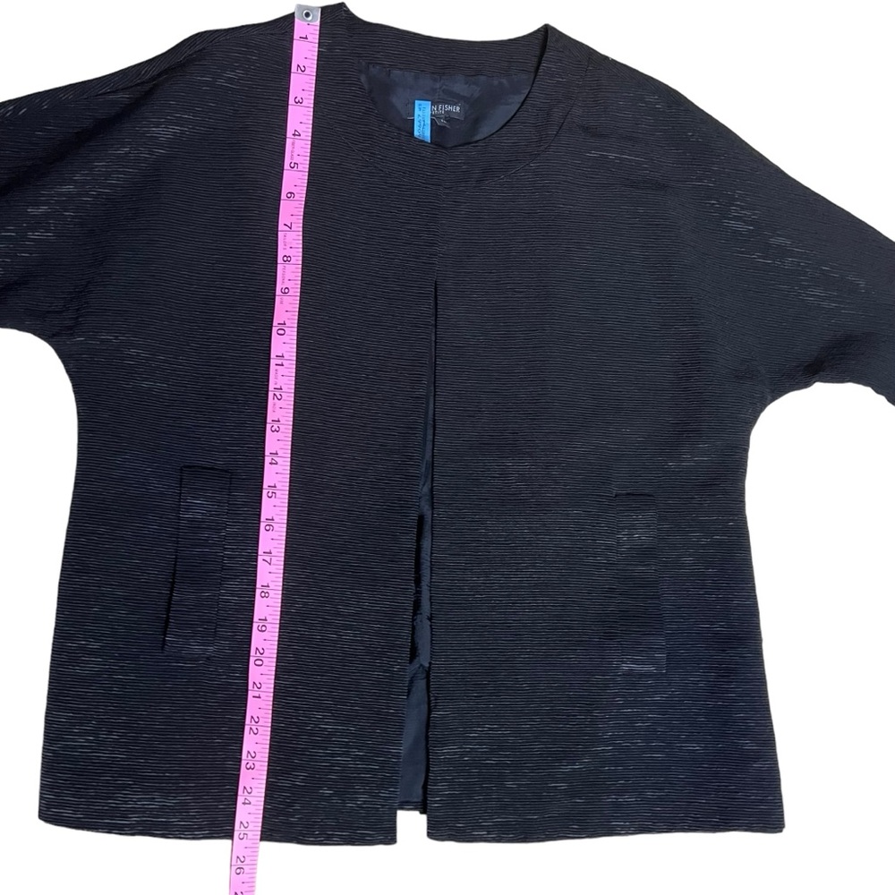 Eileen Fisher Collarless Open Front Textured Black Blazer Jacket Size Petite L - Picture 13 of 16